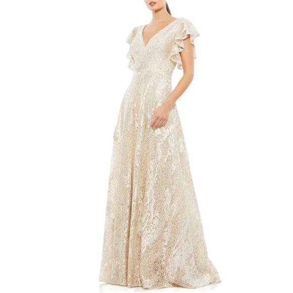 Mac Duggal Flutter Sleeve V-Neck Gown Ivory Nude Formal Maxi Beaded FLAWED - Picture 1 of 16